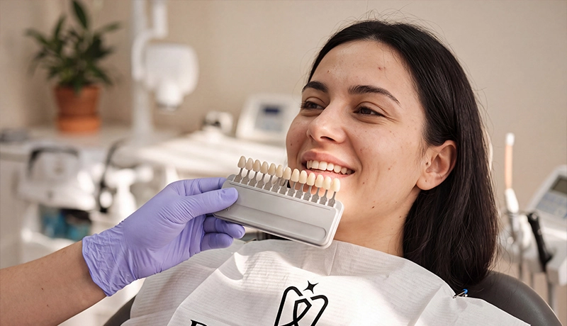 Patient reviewing her temporary smile at Dentakay
